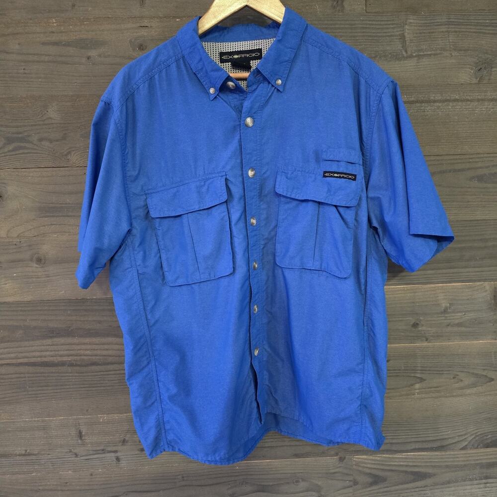 ExOfficio Men's M Blue Fishing Travel Shirt Nylon Short Sleeve Vented Pockets